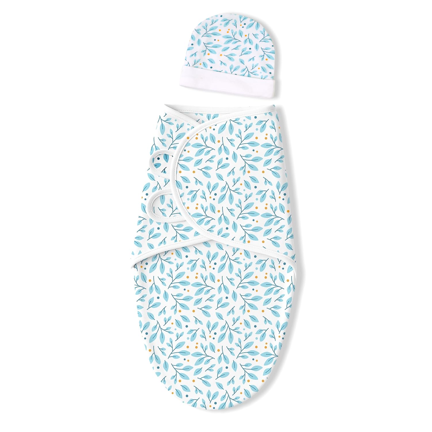 TIDY SLEEP Newborn Baby Swaddle & Hug Me Wrap with Beanie cap| 100% Cotton Adjustable Sleep Sack | Soft, Breathable & Lightweight | Velcro Closure for 0-6 Months | (Blue Leaf)-image-36