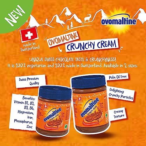 Image of Ovomaltine Crunchy Cream Chocolate Spread, 240g | 100% Vegetarian | No Palm Oil & No Trans Fat | Made in Switzerland | With Vitamins, Minerals and Crunchy Malt Pieces| Tasty Breakfast Spread & Dessert Topping for Kids & Adults