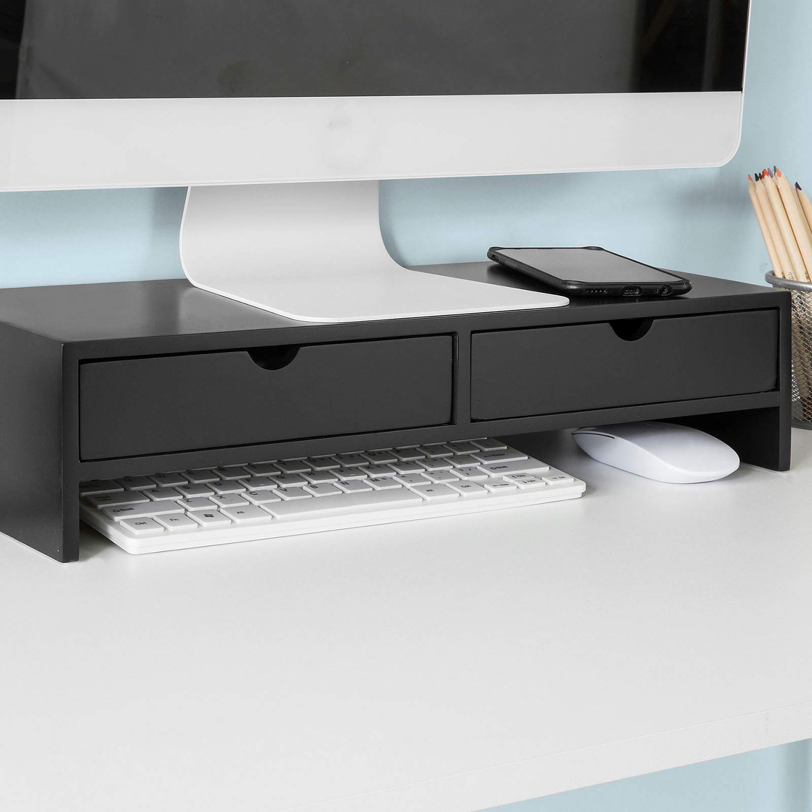 SoBuy Supporto Monitor Scrivania con 2 Cassetti Rialzo Monitor da Scrivania Supporto PC Laptop Stand per Ufficio o Casa Altezza 11cm Nero 47x18x11cm BBF02-SCH