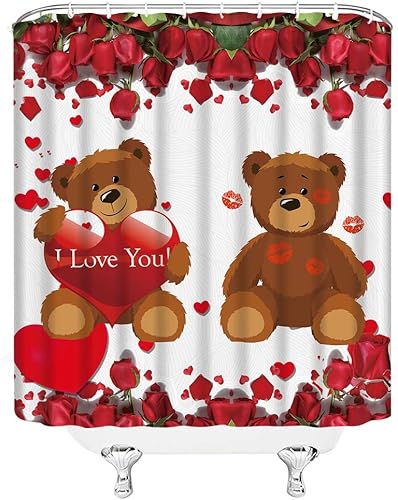 Miniatura 3 de Cortina de ducha de rosas rojas, rosas románticas, pétalos de flores, lindo oso, juguete de amor, citas de corazón, frase "I Love You", labios