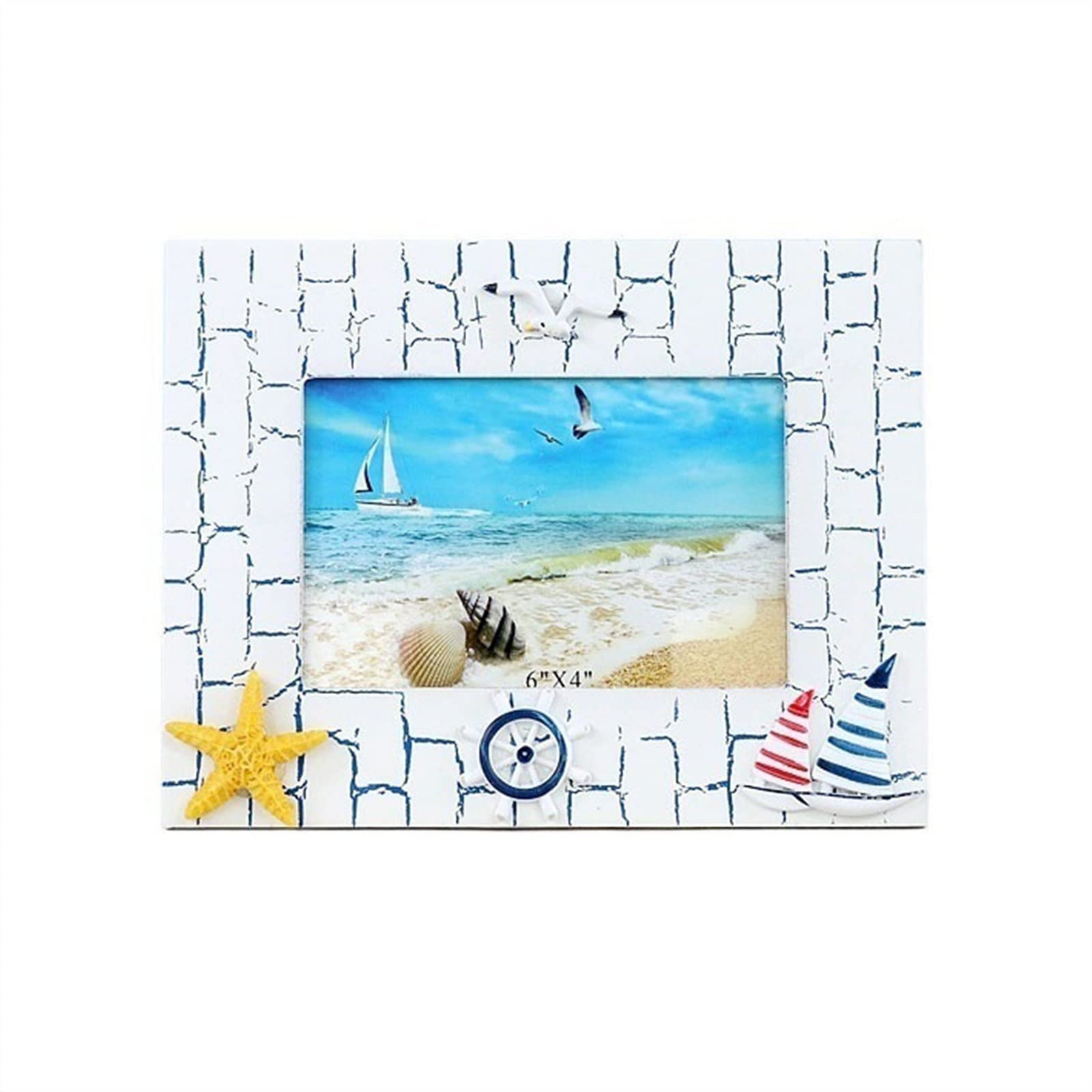 Photo Frame Creative Wooden Photo Frame Hand-painted Ocean Style Decorative Ornaments 6-inch Desktop Display(B)