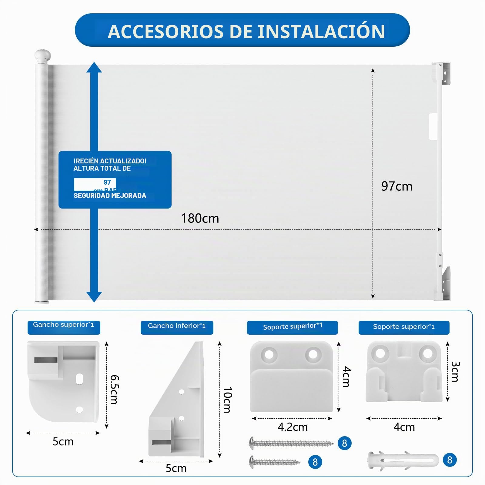 Rejilla de Protección para Escaleras 180x97cm Extensible Puerta de Seguridad para Perros y Gatos Blanco