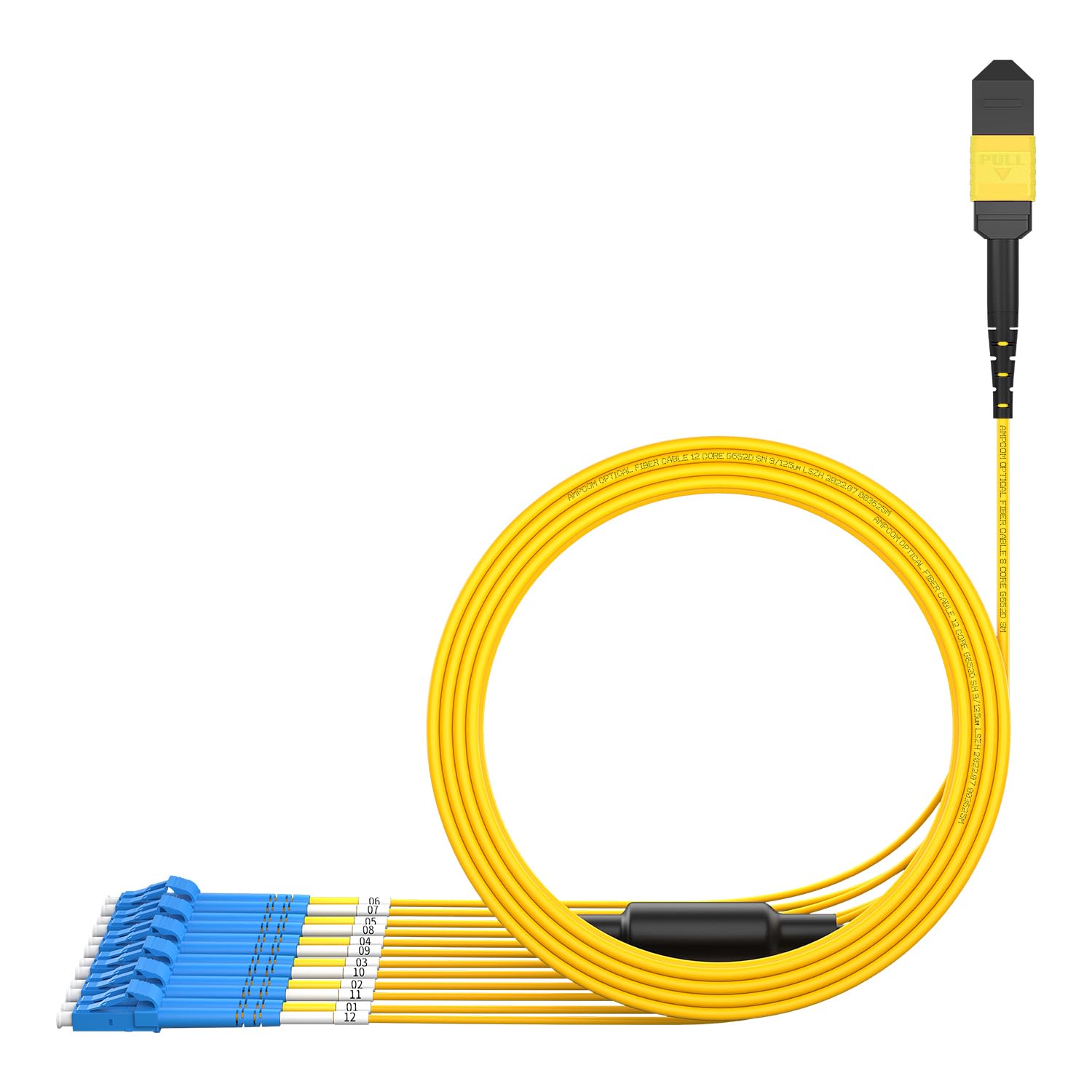 AMPCOM Cavo breakout da MPO a LC 9/125μm monomodale OS1/OS2 (12 fibre, MPO a LC, tipo B, LSZH/Riser, UPC, giallo), 1 m