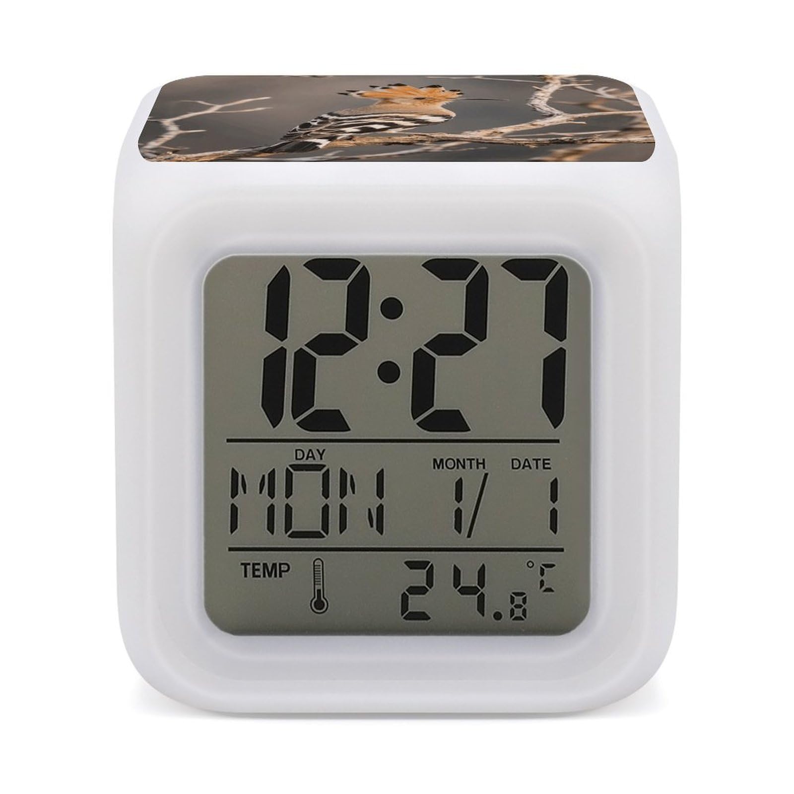 FodPand 7 Color Ambient Night Light Cube Battery Operated Hoopoe Digital Clock with Snooze Temperature LED Digital Alarm Clocks Dimmable Wake Up Light Portable Mood Lamp for Bedroom Desk Gift