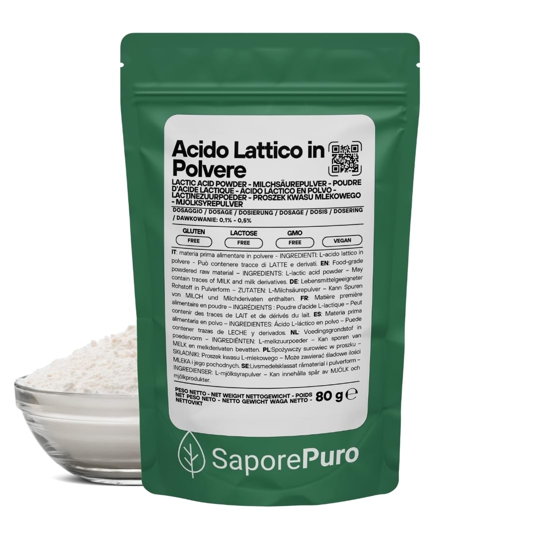 SaporePuro Acido Lattico in Polvere 80 g – Qualità Alimentare Pura - Per Panificazione, Latticini, Bevande Fermentate e Uso Cosmetico