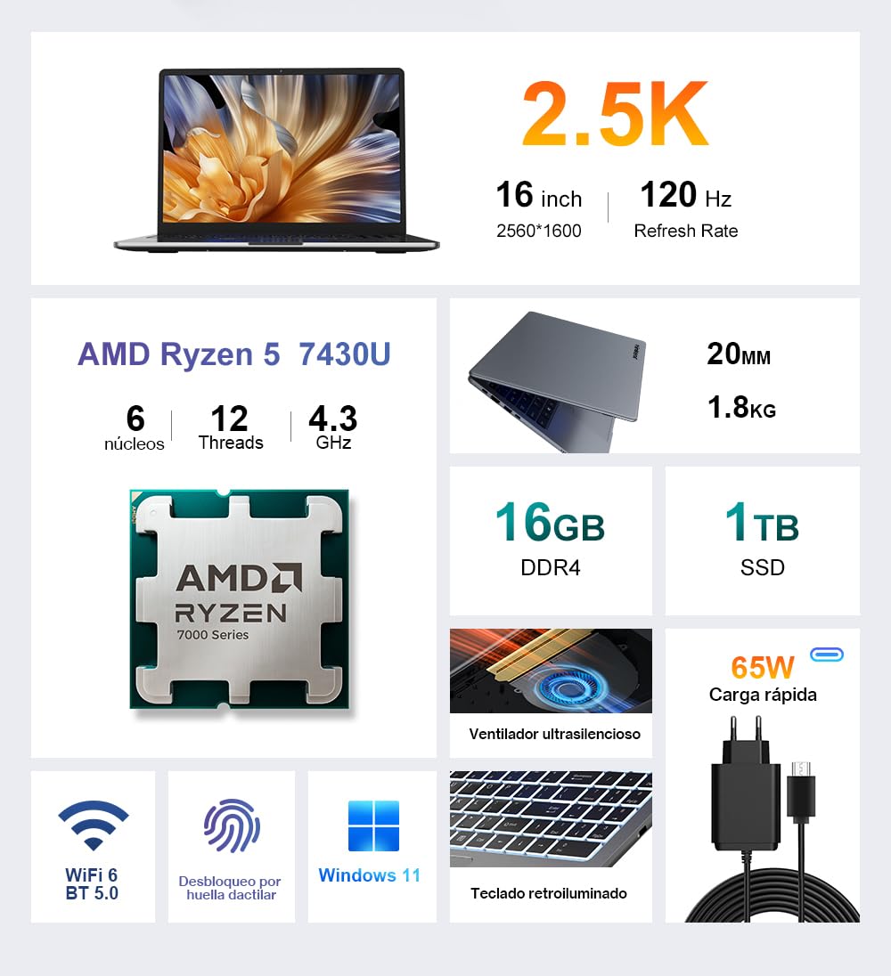 Ninkear Computer portatile da 16" QHD, Ryzen 5 7430U (fino a 4,3 GHz), 16 GB RAM, SSD 1 TB (espandibile a 4 TB), Win 11, Wi-Fi 6, BT 5.2, custodia metallica