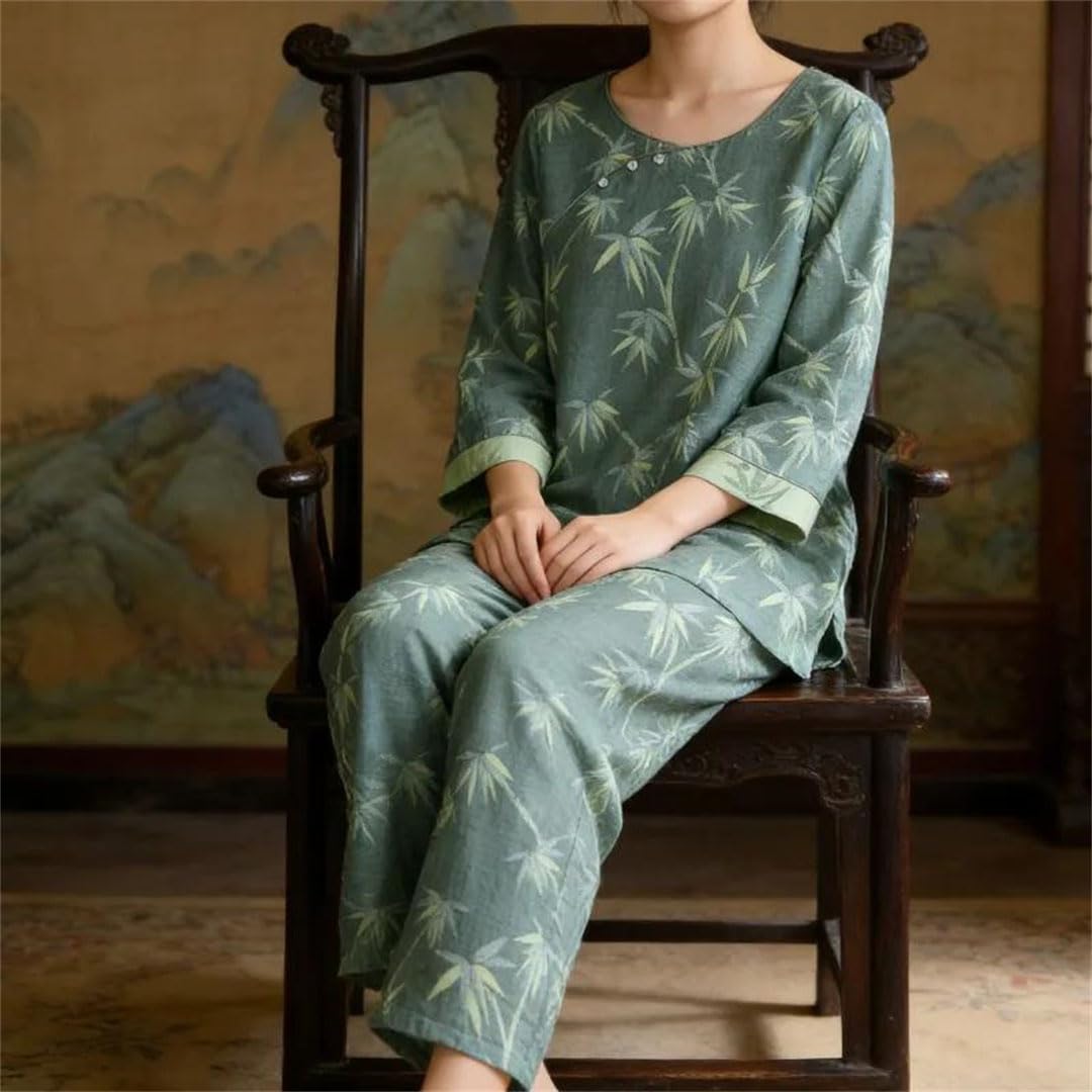 Conjunto de pijama de algodón texturizado para mujer, manga larga, pantalones largos, ropa de casa china