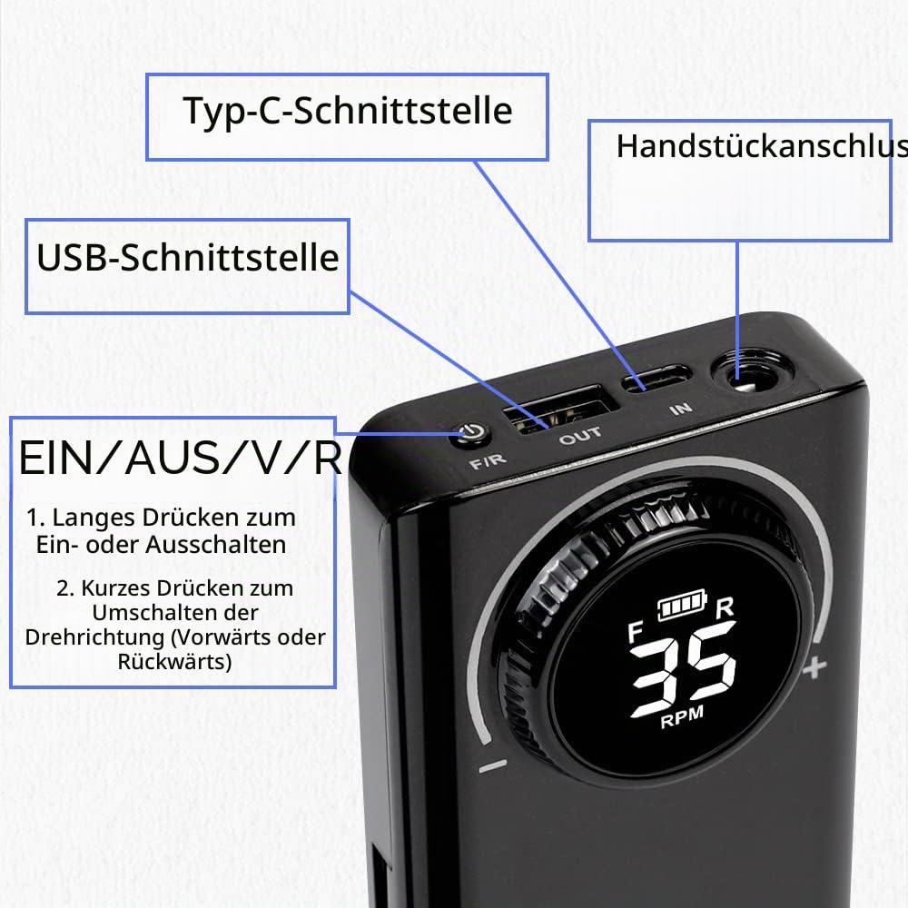 Yokefellow Professioneller 35000 U/min Nagelbohrer für Acrylnägel mit 6 Bits, wiederaufladbar, tragbar, Maniküre, Pediküre, Nagelbohrmaschine als Powerbank, Schwarz & Grau & Silber (Schwarz+NB07)