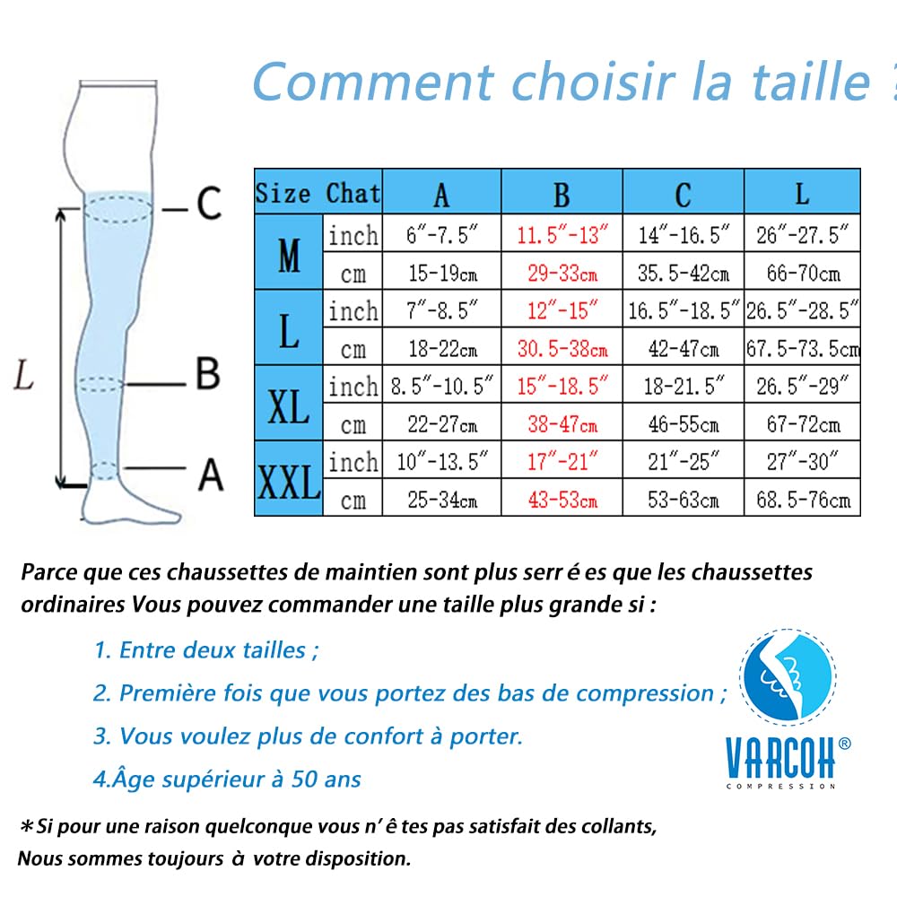 VARCOH - Bas de Contention Sans Pied 20-30 mmHg Pour Cuisses,bas de Contention Femme Soulagement et Soutien de Haute Qualité pour vos Jambes