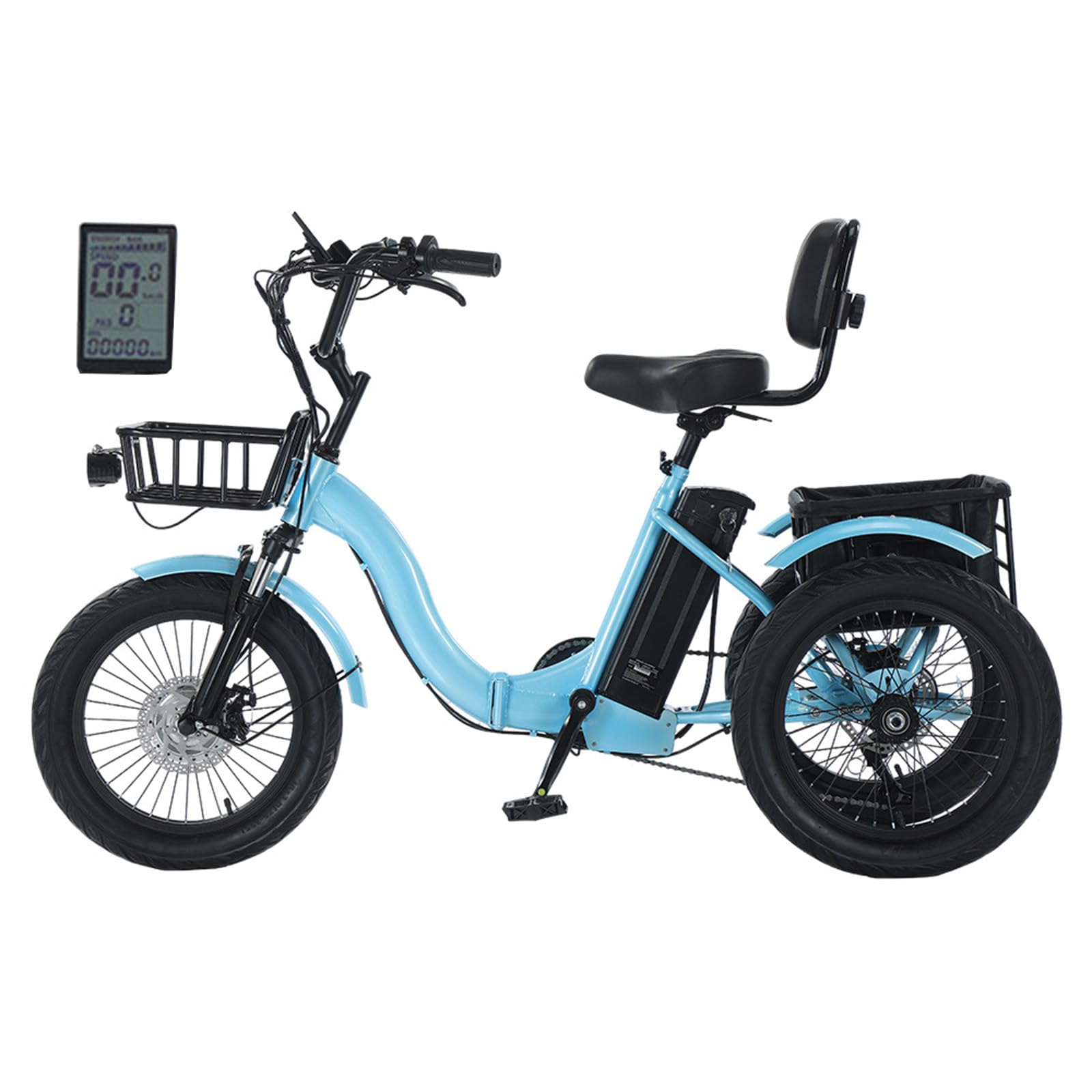 Triciclo elettrico per adulti con pneumatici larghi, ideale per shopping e picnic.