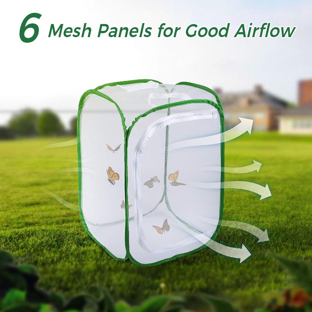 Gabbia per Insetti e Farfalle, 40×40×60 cm Gabbia per Farfalle Pieghevole, Gabbia per Habitat Farfalla con Cerniera e Maniglia, Gabbia per Insetti Portatile Pop-up per Piante, Insetti