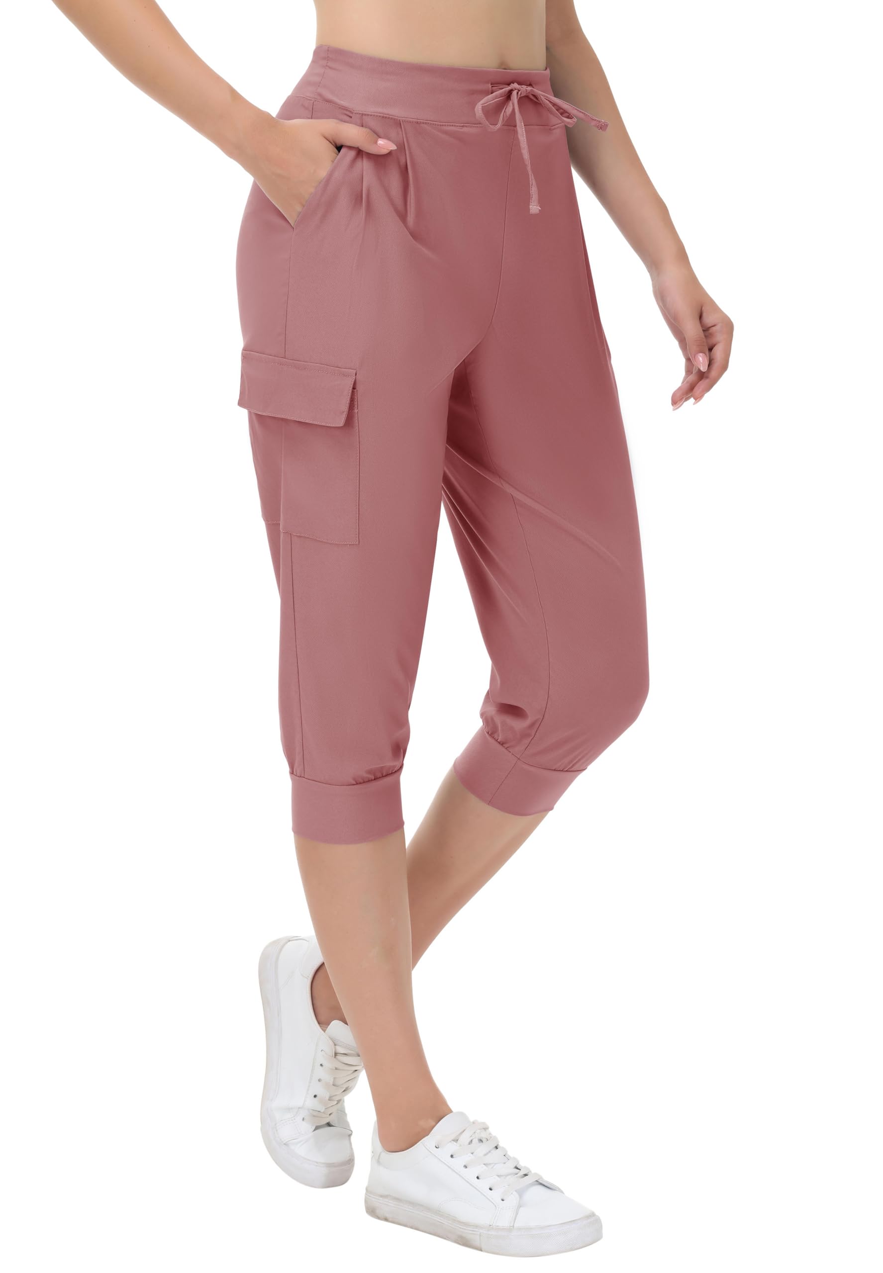 Womens Capri Cargo Joggers Pull on Capris Pants Crop Cropped Golf Pants with Pockets and Drawstring