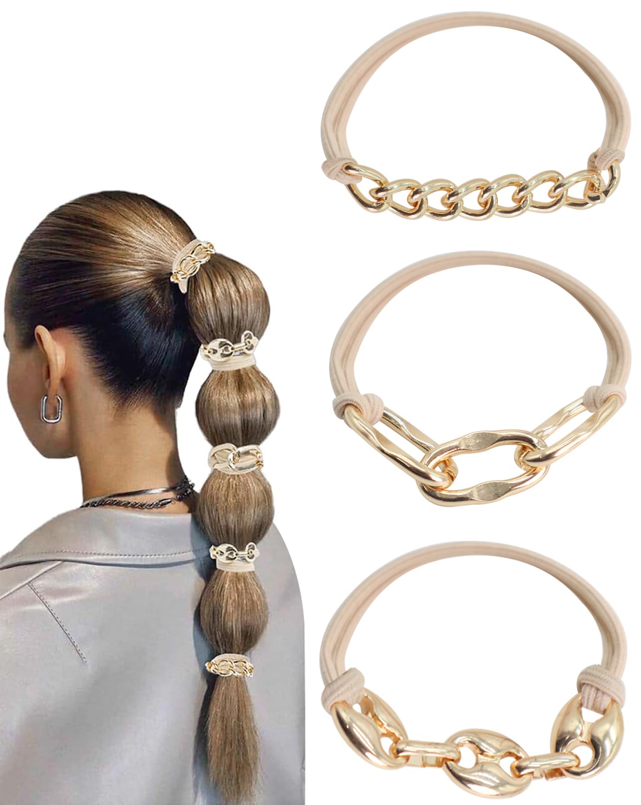 3 Pcs Metal Elastic Ponytail Holders Hair Ties Scrunchies Bracelet Hair Accessories for Women Wedding-image-24