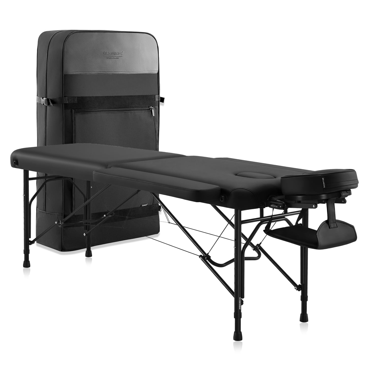 Portable Massage Table, Ultra-Light Travel-Sized Aluminum Foldable Massage Table, Wide Spa Bed Package 302 Halia (Black, with Side Arm Extensions)