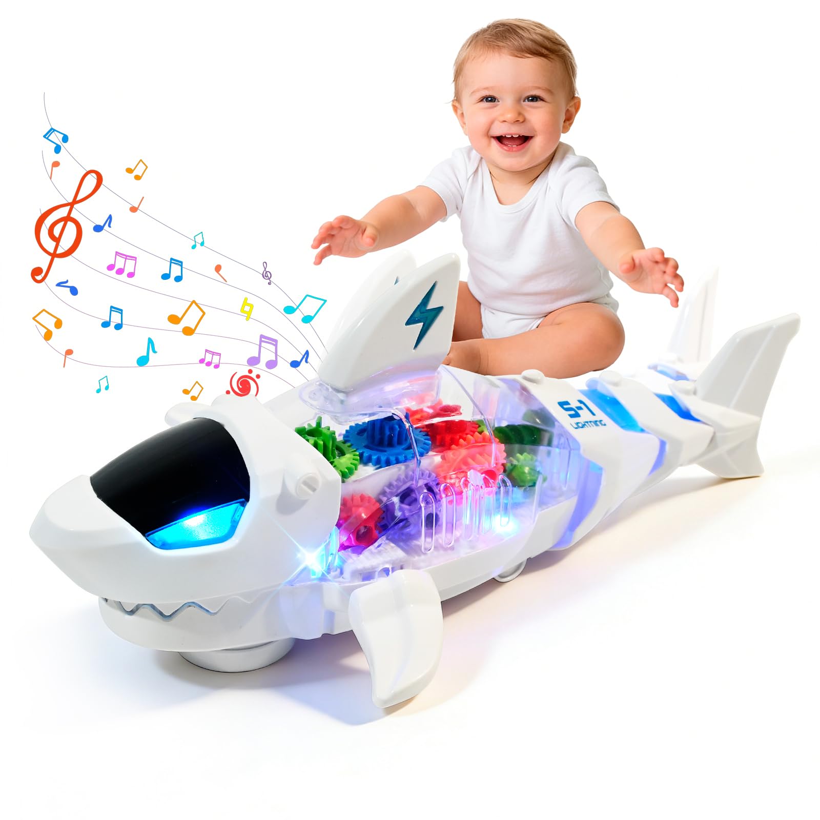 Shark Toy Interactive Crawling Shark Toys with Music and Lights, Auto-Direction Change Crawling Walking Toy Gift for Infants Toddlers 3 4 5 Year Old, Boy Girl Birthday