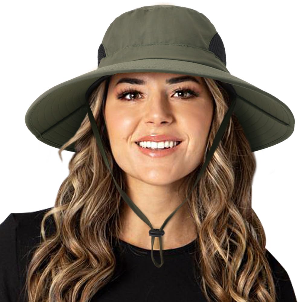 DRESHOW Damen Sonnenhut UV Schutz Hut Faltbar Mesh Breite Krempe Angeln Pferdeschwanz Sommerhüte Strand Eimer Hüte