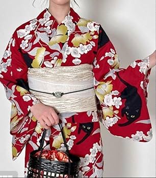 1点限り☆黒ネコと花柄モダン浴衣 単品 Amazon.co.jp: 黒ネコ浴衣黒地 赤い花柄に猫 キュートなモダン