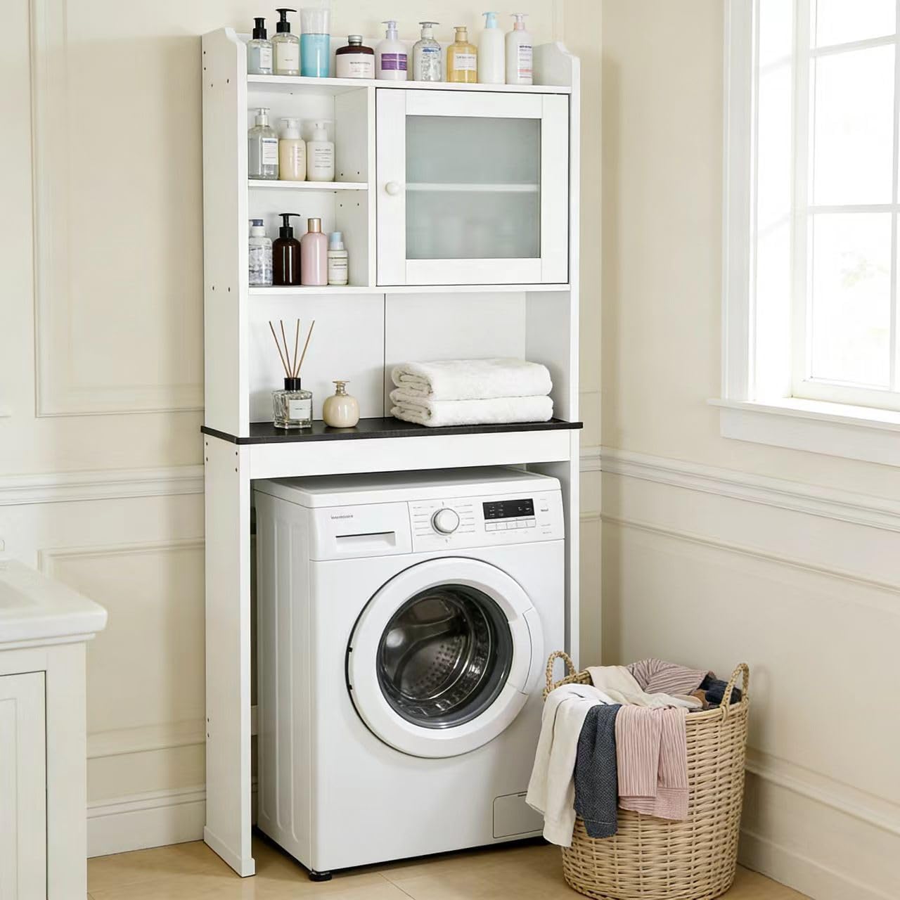 ZENY Over The Toilet Storage Cabinet, Bathroom Organizer with Adjustable Shelf and Double Doors, Freestanding Bathroom Space Saver Toilet Rack (White)