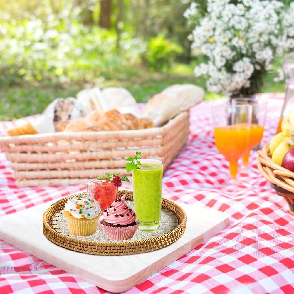 Bandeja para servir de ratán, bandeja de conchas de colores, bandeja de frutas, bandeja para pan, aperitivos, bandeja redonda de mimbre tejida de mimbre para frutas, pan, galletas
