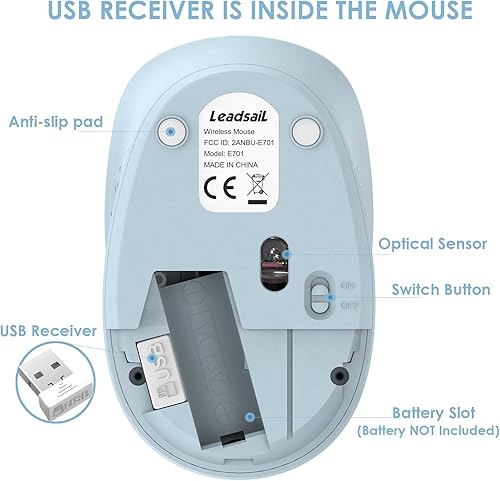 Miniatura 6 de LeadsaiL Mouse inalámbrico para laptop, mouse USB silencioso de 2.4 GHz, mouse óptico delgado con 3 botones, 1600 DPI, funciona con Windows, Mac,