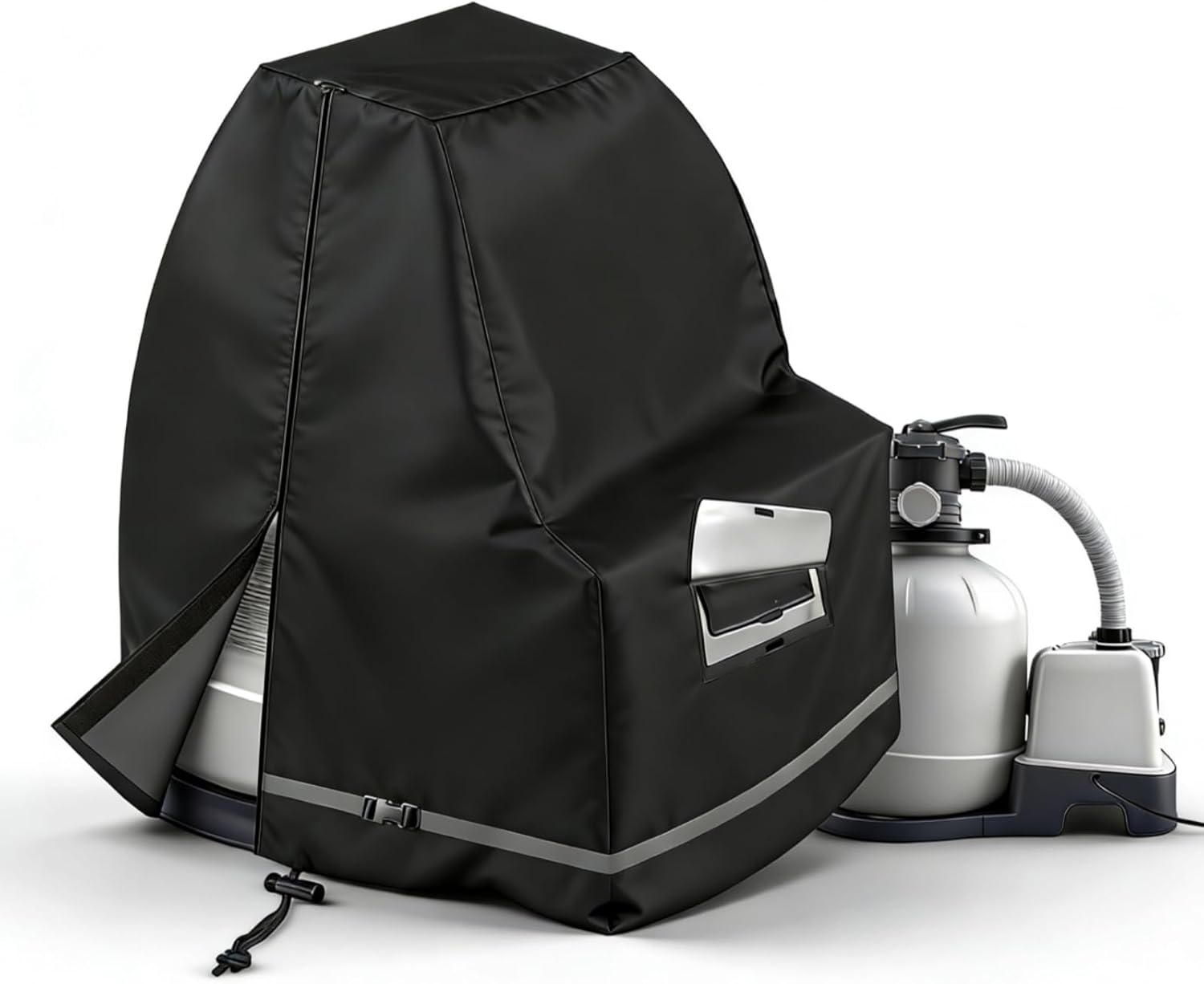 Universal sand filter pump cover, heavy-duty 600D Oxford black | fits 12–16 inch above-ground pool filters | waterproof, UV-resistant, zipper + buckle closure, all-season
