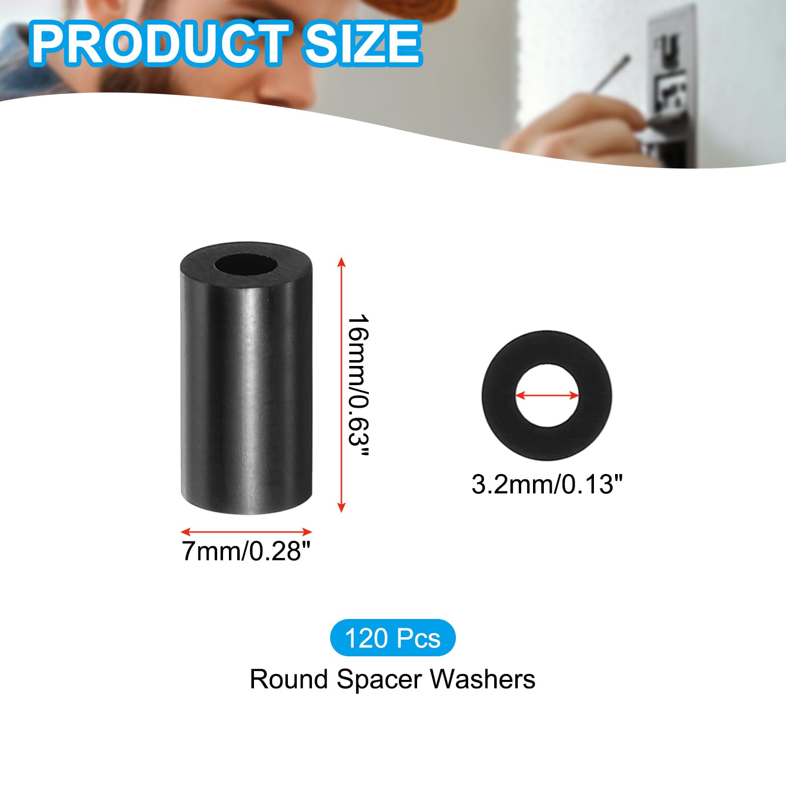 Arandelas redondas ABS, separador de plástico sin rosca for tornillos M3, tamaños múltiples, 120 Uds.(5.2mm x 11mm x 25mm)