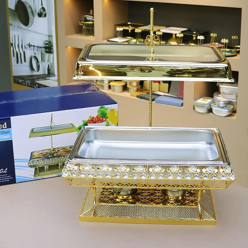 9QT Gold Chafing Dishes for Buffet, Gold Chafing Dishes with Hanging Lid, Rectangular Chafers and Buffet Warmers Sets with Glass Lid & Gold Diamond for Parties Weddings Catering Events