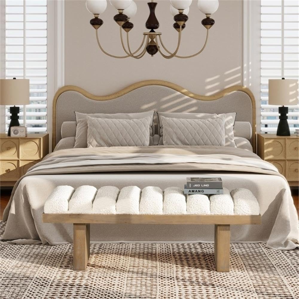 Pemberly Row 52" Upholstered Accent Bench, Ivory White Boucle Fabric, Channel Tufting, Durable Wood Frame, 300 lb Weight Capacity, Modern Design for Entryway, Bedroom, Living Room Decor
