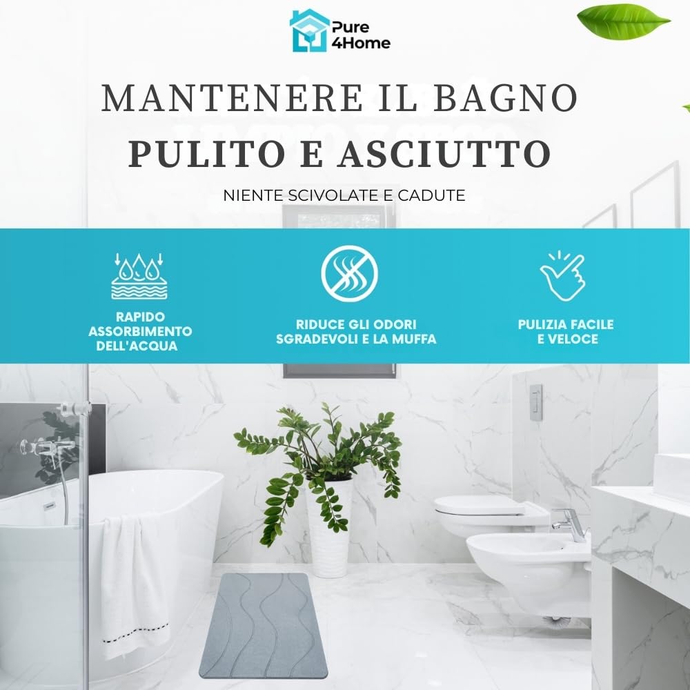 Pure 4Home Tappeto Bagno Diatomite Antiscivolo 60 x 39 cm | Tappetino Doccia Super Assorbente Asciugatura Rapida | Pietra Naturale Antimuffa | Diatomite Stone Bath Mat (Gray Waves)