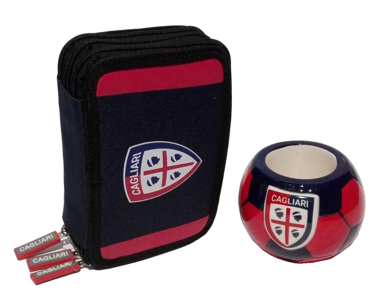 PRESTIGE & DELUXE Astuccio Cagliari calcio 3 piani zip completo per la scuola + portapenne in ceramica - Prodotti Ufficiali