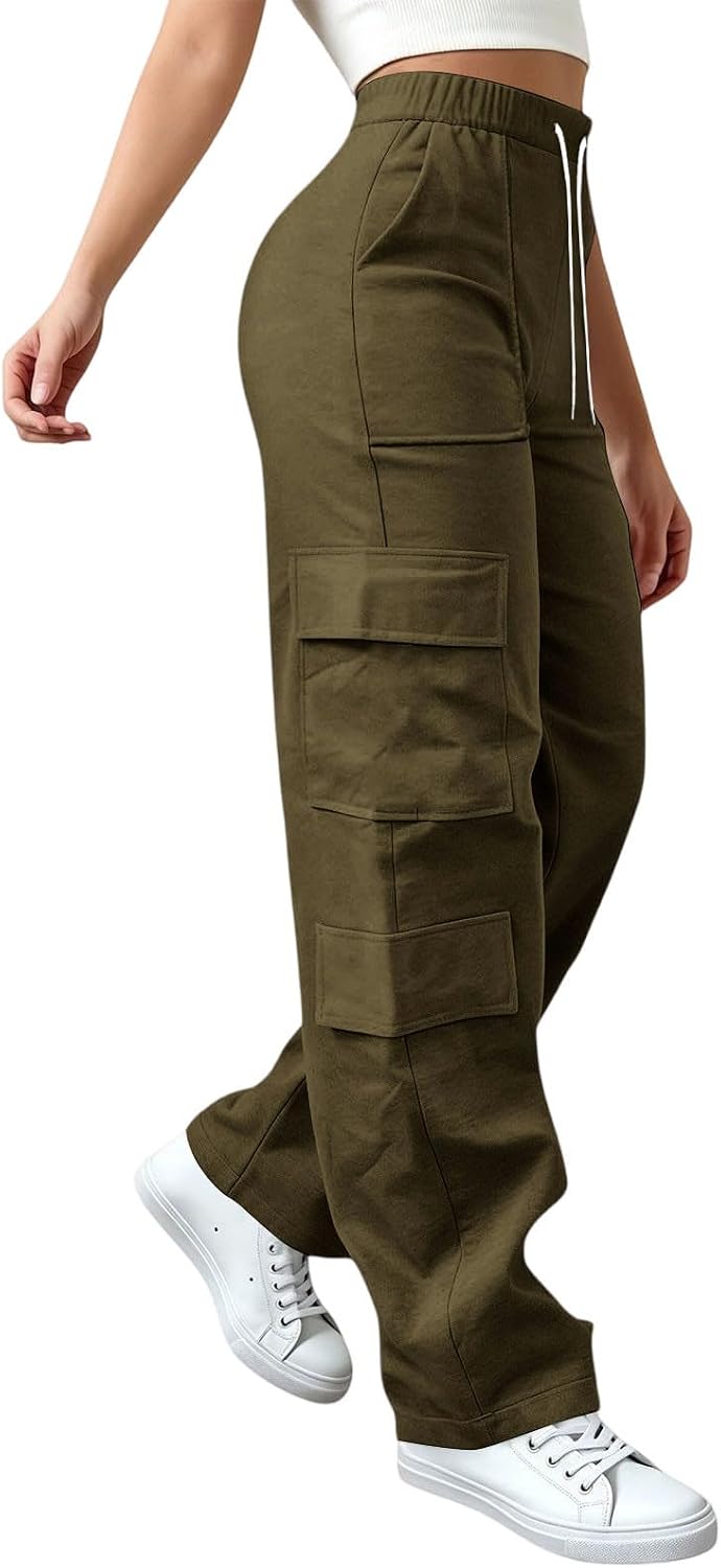 Womens Loose Fit Cargo Pants Straight Leg Drawstring Sweatpants
