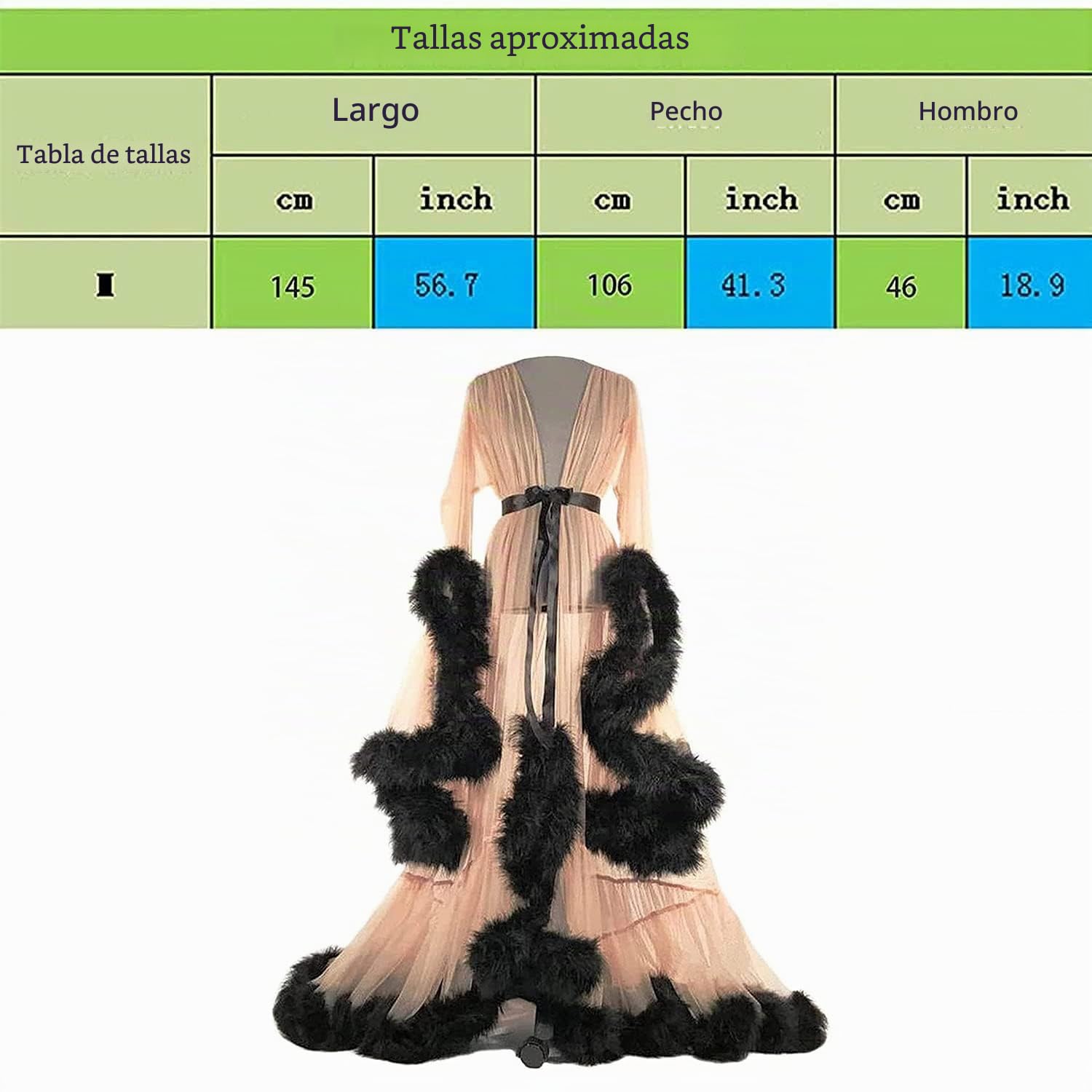 MIAOXIAO Lencería de Mujer Bata Transparente Ropa de Dormir de Plumas Sexy Vestido Largo de Encaje Kimono Bata de Noche Recorte de Plumas Tul Hoja de Loto Bata de Manga Larga,Negro,M
