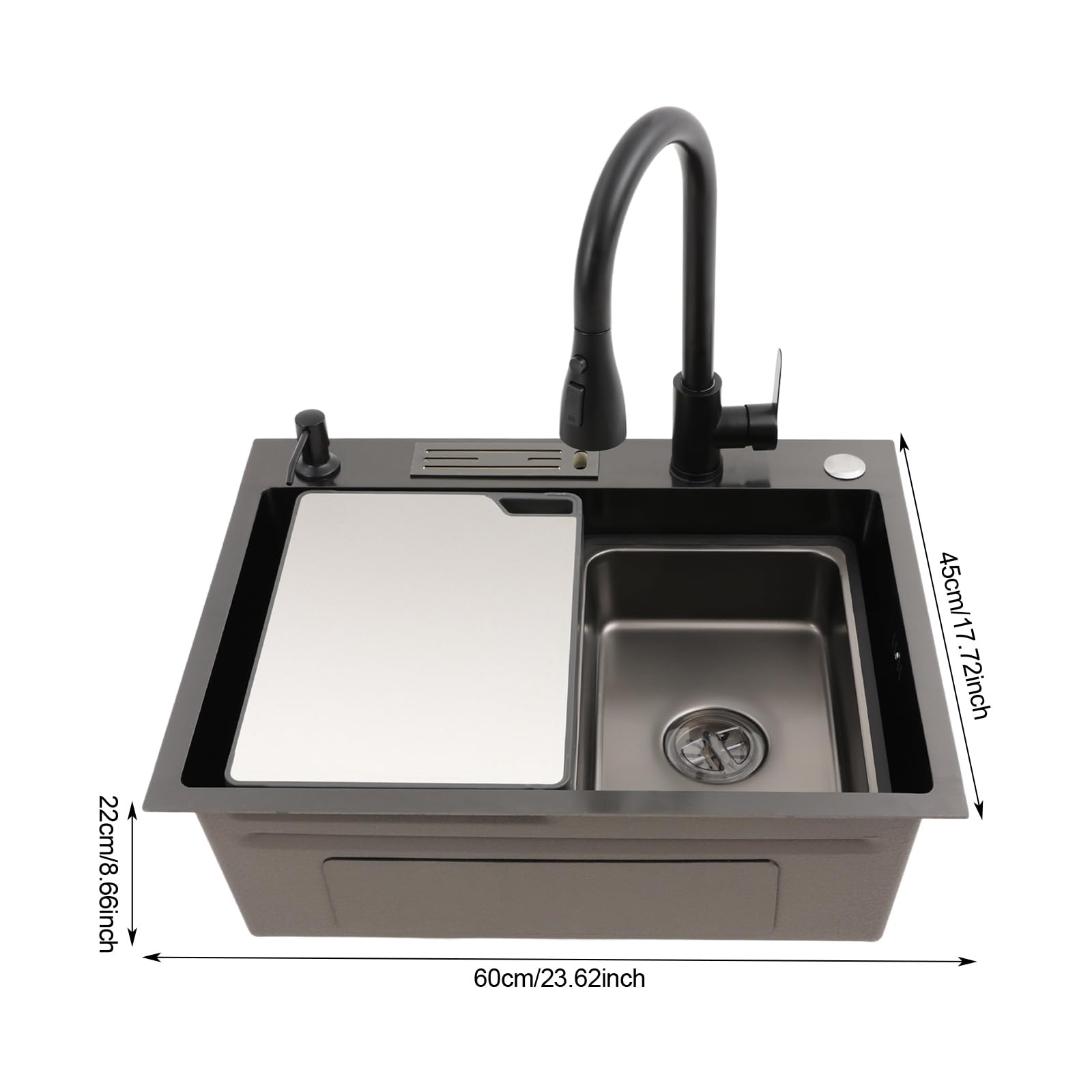 Fregadero de acero inoxidable 60 x 45 cm negro con grifo extraíble | 1 platillo, montaje empotrado, incluye tabla de cortar, lavabo interior, tubo de drenaje y dispensador de jabón