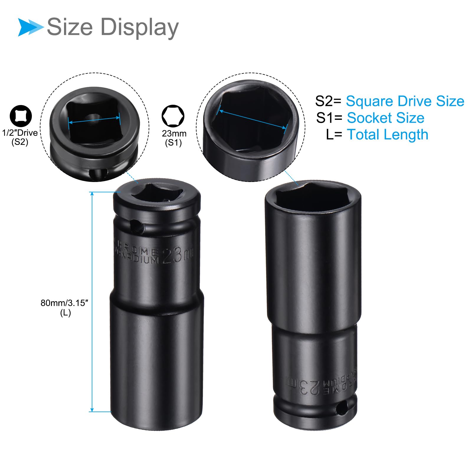 CoCud Deep Impact Socket, 1/2" Drive 23mm Socket, CR-V Steel Rounded Corner Design 6-Point Deep Impact Socket - Image 2
