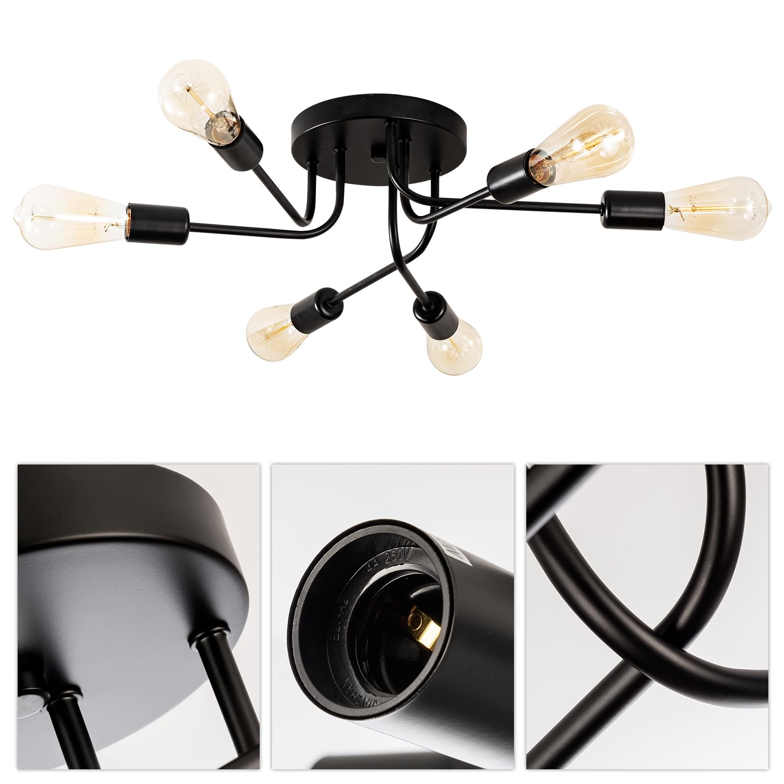 Industriale Semi Flush Mount soffitto 6 luci con metallo regolabile ramificato Vintage plafoniera E27 titolare nero laccato per cucina sala da pranzo camera da letto （nero） (lampadina non inclusa)
