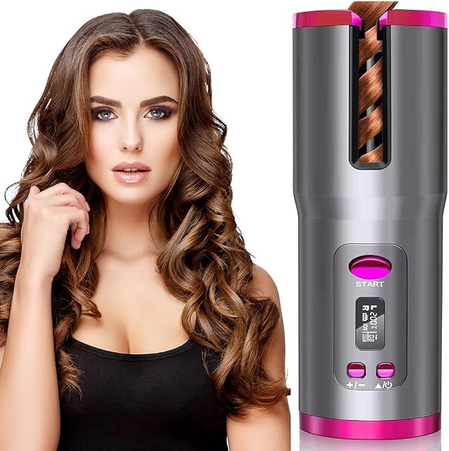 Lanboo Hair Curler, Cordless Automatic Hair Curler Fast Heating Ceramic Barrel with Adjustable Temperature, Timer LCD Display, Portable Home Travel Hair Styler (Gray)