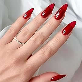 GLAMERMAID Ruby Red Press on Nails Medium Almond, Handmade Jelly Soft Gel Deep Dark Red Glue on Nails Stiletto, Burgundy Emo Fake Nails Short Oval, Reusable Acrylic Stick on False Nails Kit for Women