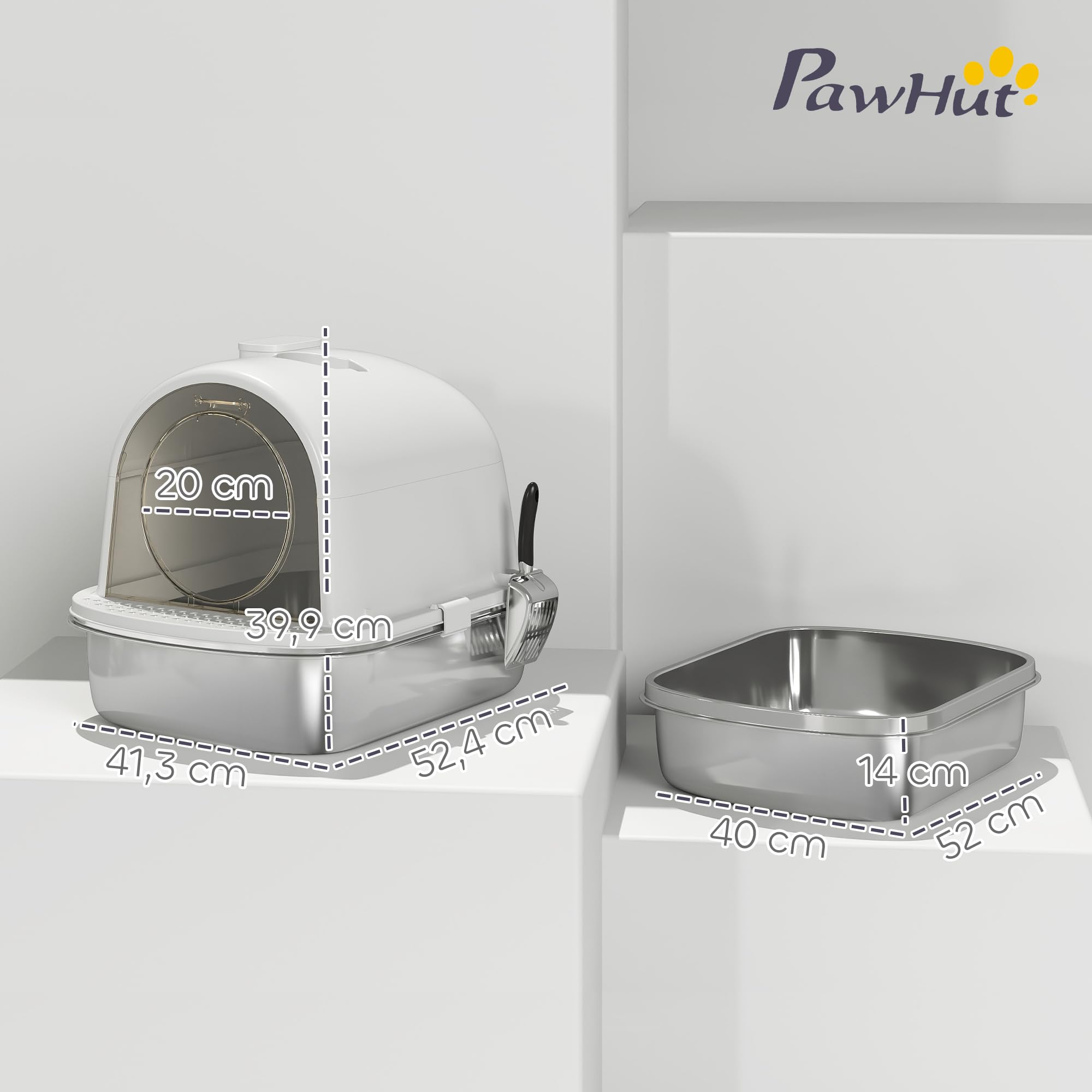 PawHut Maison de Toilette pour Chat, bac à litière fermé, bac en Acier Inoxydable, Anti-fuites, Nettoyage Facile, Sac désodorisant Inclus, Charge 5 kg, 52,4 x 41,3 x 39,9 cm, Blanc