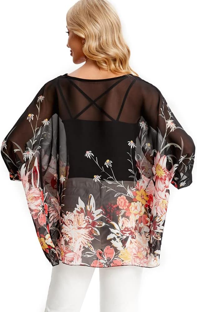 Ckikiou Womens Batwing Loose Chiffon Summer Blouse Tunic Floral Printed Boho Beach Cover ups - Image 4