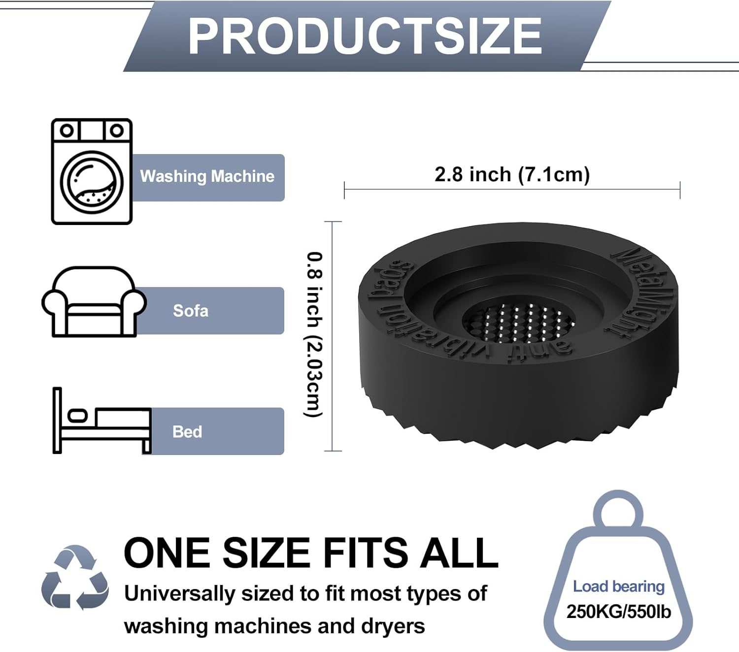 MetaMight Universal Anti-Vibration Pads for Washing Machine,2.8" Dia,4-Pack.Eco-Silicone,RoHS-Certified. Sturdy&Non-Slip,Great for Shock Absorption. Fit Fridge,Dryer,Dishwasher Legs stabilizer Damper