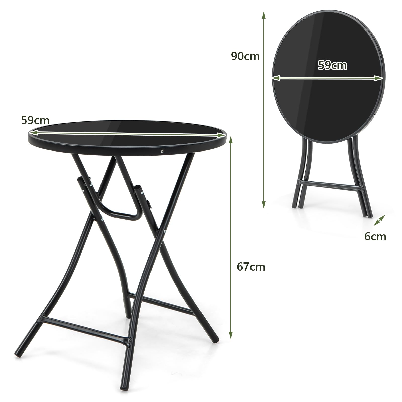 KOMFOTTEU Tavolino Pieghevole da Giardino, Tavolino Rotondo Ø 59 cm, Tavolini da Esterno con Ripiano in Vetro Temperato, Tavolo da Balcone Struttura in Metallo, per Terrazza, Veranda, Piscina, Nero