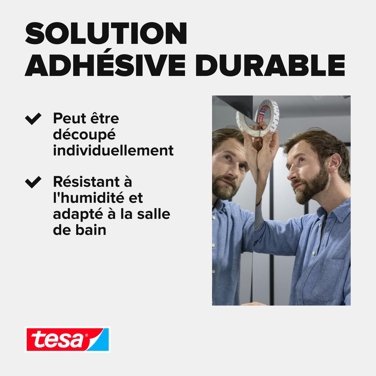 tesa Ruban Adhésif Double-Face de Montage Spécial Miroirs 1,5 m x 1,9 cm Résistant Pièces Humides