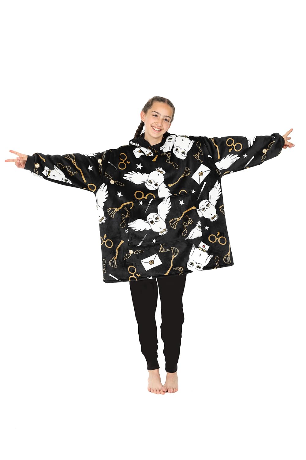 Harry Potter Hedwig Sweat à capuche noir pour fille, Couverture polaire surdimensionnée à capuche
