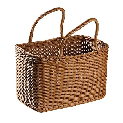 Sewroro Picnic Basket with Handles Handmade Plastic Woven Basket Multifunctional Woven Storage Basket for Shopping, Market, Grocery Basket