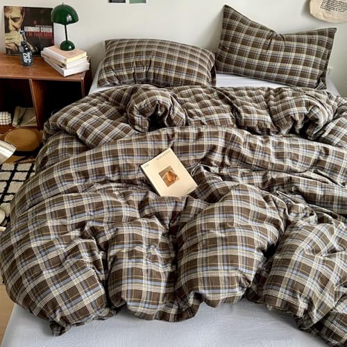 Image of PinkMemory Brown Blue Gingham Buffalo Plaid Duvet Cover King 100% Washed Cotton Vintage Checkered Duvet Cover Set 3pcs Retro Grid Bedding Set with Zipper Closure Corner Ties,Soft Breathable