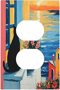 Decorative Outlet Covers Vintage Oil Painting Style Black Cat Sea Flowers 1 Gang Duplex Light Switch Cover Plate Wall Plates for Electrical Outlets Switchplate Faceplate for Home Decor