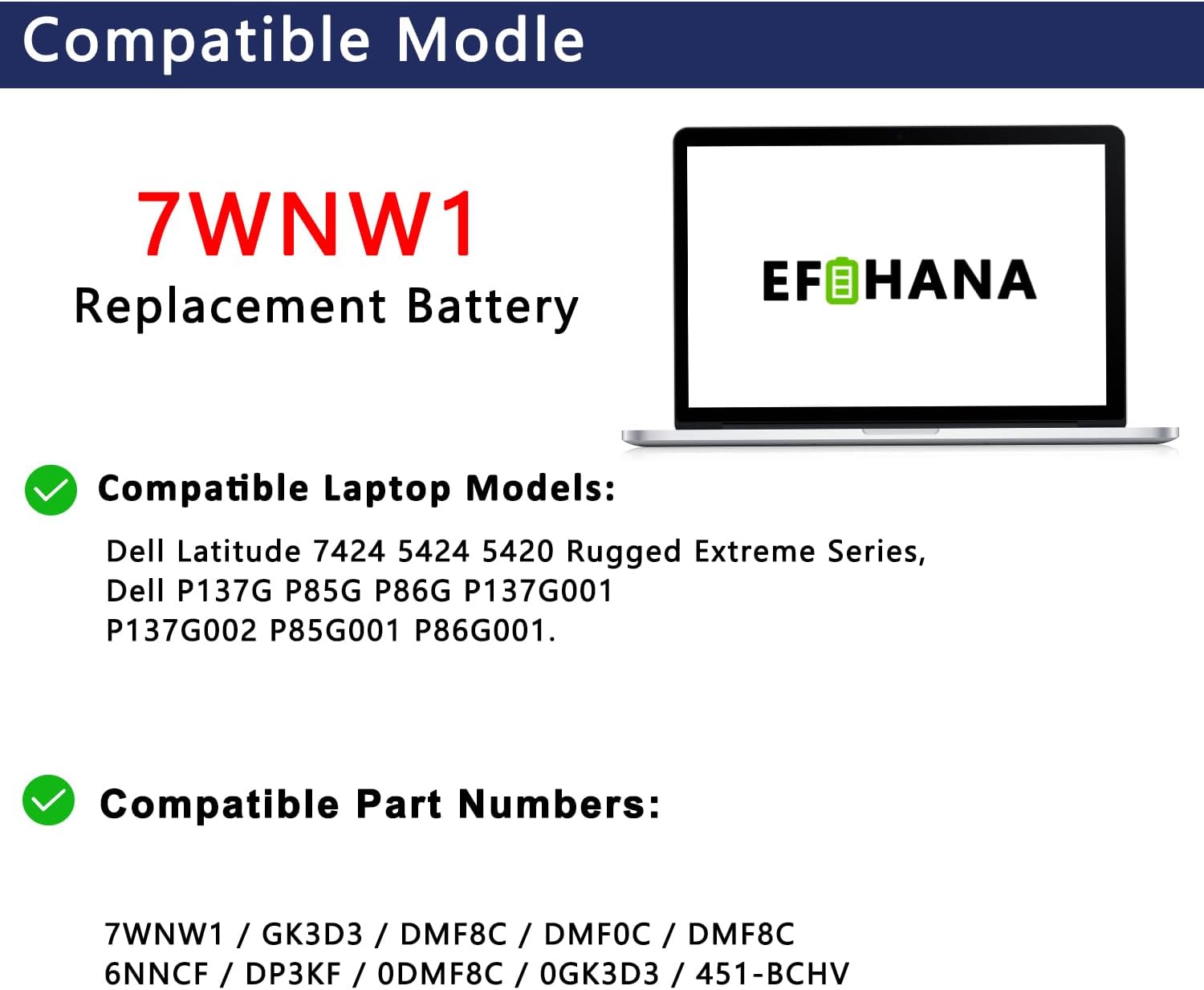 7WNW1 Laptop Battery Replacement for Dell Latitude 7424 5420 5424 Rugged Extreme Series Notebook 0DMF8C DMF8C 11.4V 51Wh 4342mAh