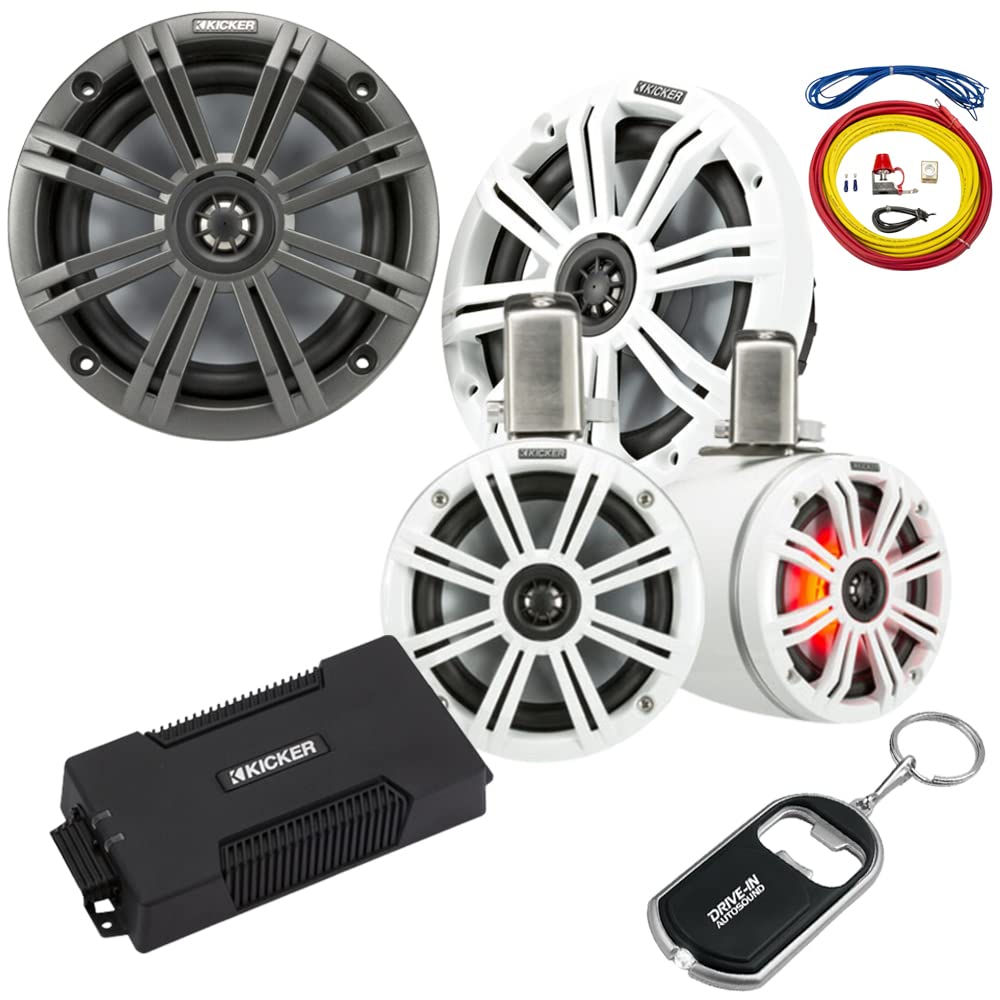 KICKER 45KM654 6.5" Coaxial Speaker, 45KMTC65W Tower Speaker and 48PXA4004 Marine Amplifier with 47KMPK8 Marine Amp Wiring Kit