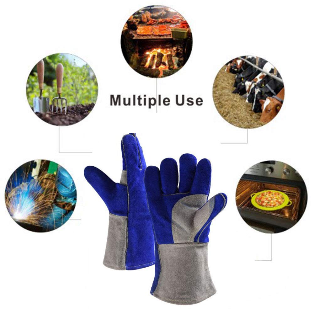 Guanti da Saldatura in Pelle Forgiati Resistenti al Calore/alla Fiamma,Guanti da Barbecue/da Campeggio/da Cucina con Manica Lunga 35 Cm,Guanto da Saldatore per Camino