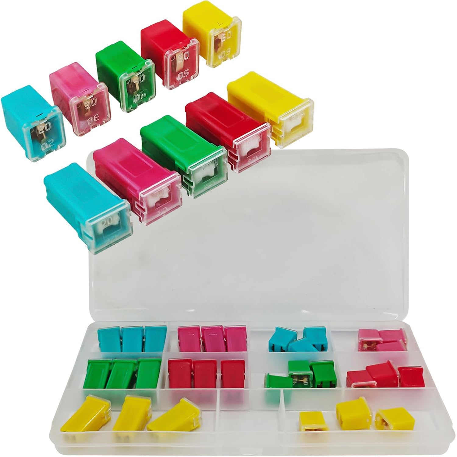 30PCS Automotive Box Shaped Fuse Kit, Tall & Standard Profile Inline Cartridge Fuses 20A 30A 40A 50A 60A, Fit for Ford, Chevy/GM, Chrysler, Dodge, Nissan, Toyota Pickup Trucks, Cars and SUVs